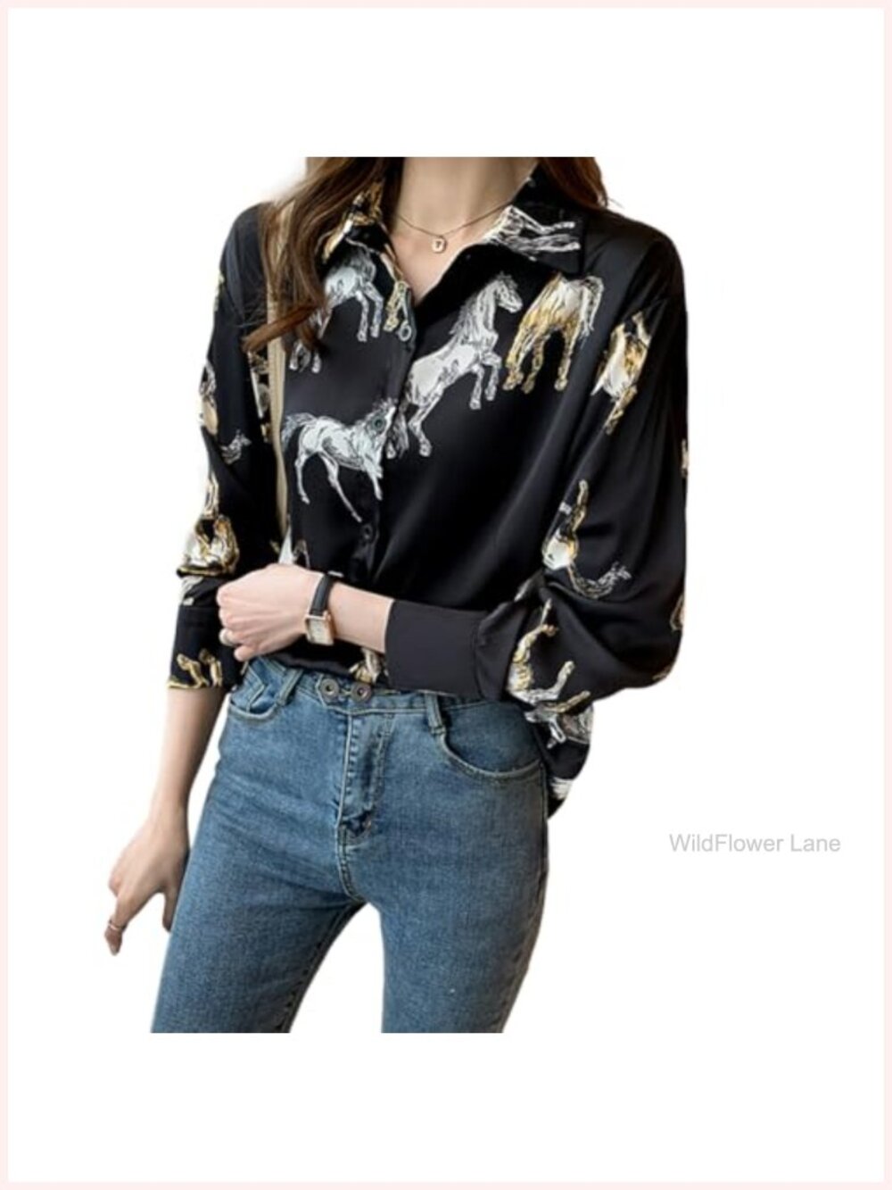Women's Button Down Long Sleeve Blouse Horse Print Casual Dressy Top